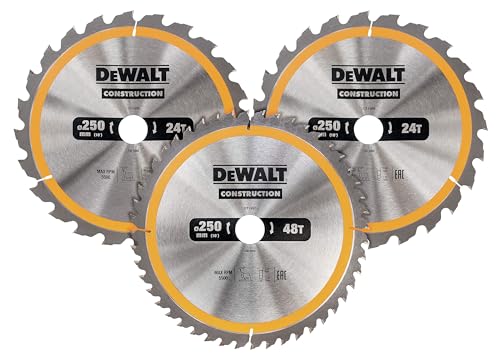 Dewalt 3-tlg. Bau-Kreissägeblätter Set DT1963 (für Stationärsägen, Nagelfest, Blatt-ø: 250 mm, Bohrung 30 mm, Wechselzahn-Geometrie, 2x 24 und 1x 48 Zähne, Zahnwinkel 10°) von Dewalt