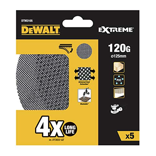 DEWALT Schleifgitter Extreme (120er Körnung, 125 mm Ø, mit Klettfix, für den Einsatz auf Exzenterschleifern, 5 Stück) DTM3105 von DEWALT