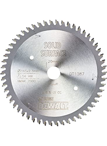 DEWALT Extreme Kreissägeblatt DT1087 (für Tauchkreissägen, Sägeblatt-ø 165/20 mm, Schnittbreite: 2,3 mm, 54 Zähne, Zahngeometrie: Trapez-Flachzahn, Zahnwinkel: 0°, für extra feine Schnitte) 1 Stück von DEWALT