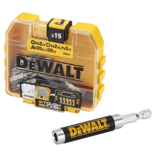 DeWalt DT71511-QZ Set mit 16 Schraubendreher-Einsätzen und ausziehbarem Magnethalter, Einsätze mit 25 mm: Ph2 x 2, Pz2 x 6, Pz3 x 3, T20 x 2, T25 x 2 von DEWALT