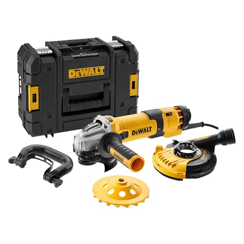DEWALT 125 mm Winkelschleifer mit Beton-Oberflächenset DWE4257KT-QS (1.500 Watt, Epoxyd-Harz gepanzerte Wicklung, Sanftanlauf, mit 125mm Staubhaube, Bügelgriff und Diamant-Topfscheibe), DWE4257KT-QS von DEWALT