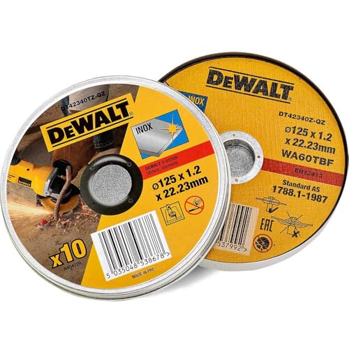 Dewalt 10er Dose Trennscheibe Inox Edelstahl DT42340TZ (Standard Edelstahl-Trennscheibe - flach, ø 125 mm x 1,2 mm, für schnelle und saubere Schnitte, mit verstärktem Fiberglas, für Winkelschleifer) von DEWALT