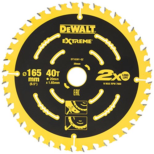 DEWALT Extreme Kreissägeblatt DT10301 (für Handkreissägen ohne Spaltkeil, Sägeblatt-ø 165/20 mm, Schnittbreite: 1,65 mm, 40 Zähne, Zahngeometrie: WZ, Zahnwinkel: 18°, für feine Schnitte) 1 Stück von DEWALT