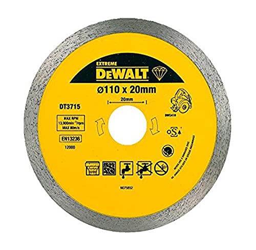 Dewalt Extreme Diamant-Trennscheibe DT3715 (für Fliesensäge DWC410, 110mm Durchmesser, für Nass- und Trockenschnitte in harten Materialien wie Fliesen, Steinzeug bin hin zu Granit und Marmor) von DEWALT