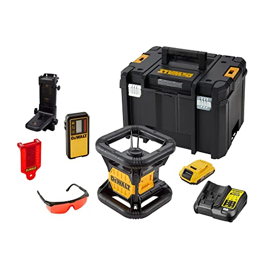 DEWALT 18V Akku Rotationslaser Rot DCE074D1R (mit einfachem Vertikal-Lot, selbstnivellierender, Arbeitsbereich: 45m (457m mit Empfänger), Genauigkeit: +/-6mm@30m, IP54, inkl. Zubehör & TSTAK Koffer) von DEWALT