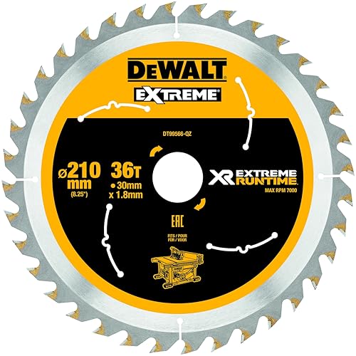 DEWALT XR Extreme Runtime Kreissägeblatt DT99566 (210/30 mm, 36 WZ/FZ, 20°, für feine Schnitte, für den Einsatz auf Stationärsägen (Akku), für Holz mit Nägeln) 1 Stück von DEWALT