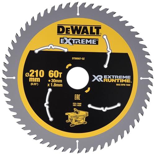 DEWALT XR Extreme Runtime Kreissägeblatt DT99567 (210/30 mm, 60 WZ/FZ, 20°, für extra feine Schnitte, für den Einsatz auf Stationärsägen (Akku), für Holz mit Nägeln) 1 Stück von DEWALT