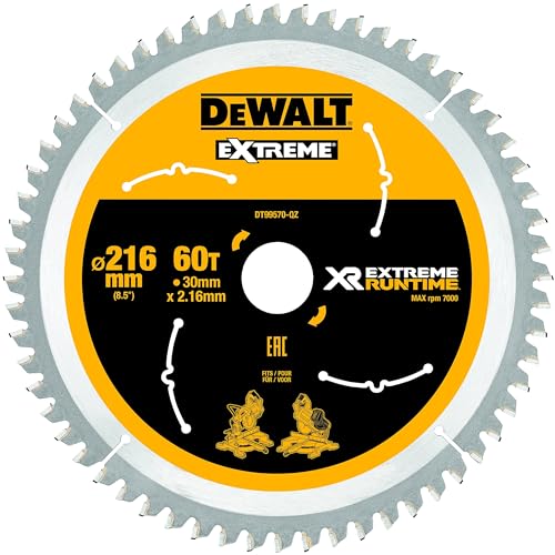 Dewalt XR Extreme Runtime Kreissägeblatt DT99570 (216/30 mm, 60 WZ/FZ, 7°, für extra feine Schnitte, für den Einsatz auf Stationärsägen (Akku), für Holz mit Nägeln) 1 Stück von DEWALT