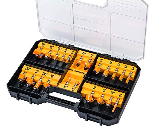 Dewalt Fräser-Set 22 tlg. (Nutfräser, Zinkenfräser, Hohlkehlfräser, in Aufbewahrungsbox mit Klarsichtdeckel) DT90017-QZ von DEWALT