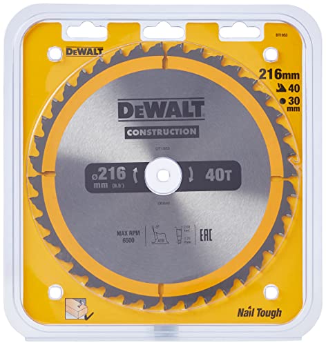 DEWALT Construction Kreissägeblatt DT1953 (für Stationärsägen, Sägeblatt-ø 216/30 mm, Schnittbreite: 2,6 mm, 40 Zähne, Zahngeometrie: Wechselzahn, Zahnwinkel: -5°, für Universal-Einsatz) 1 Stück von DEWALT