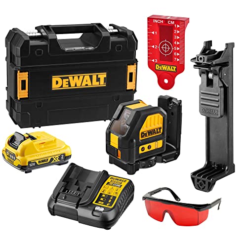 Dewalt 10.8 V/2.0 Ah Akku Kreuzlinienlaser DCE088D1R (635 Nm, Laserklasse 2, Laserdiodenfarbe rot, IP65, mit Pulsmodus, inkl. 1x Akku, Ladegerät, Zieltafel, Laserbrille, Wandhalterung, Koffer), Schwarz/Gelb/Rot von DEWALT