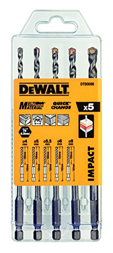 DEWALT DT60099-QZ (Mehrzweckbohrer Set 5-tlg. Inhalt: Ø 4, 5, 6, 8 mm, geeignet für Holz, Kunststoff, Baustahl, NE Metall, sowie Mauerwerk, für den Einsatz in Bohr und Schlagbohrmaschinen, schlagfest) von DEWALT