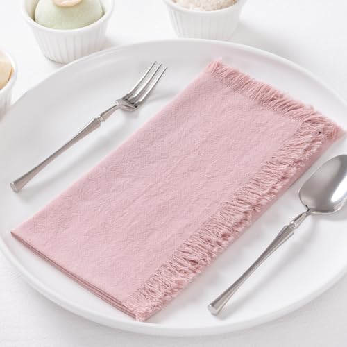 DeZerlor 12 Stück altrosa Baumwoll-Leinen-Servietten mit Fransen, weiche Boho-Stoffservietten, Set mit 12 handgefertigten Dinner-Servietten, Großpackung für Hochzeit, Braut, Babyparty, den täglichen von DeZerlor