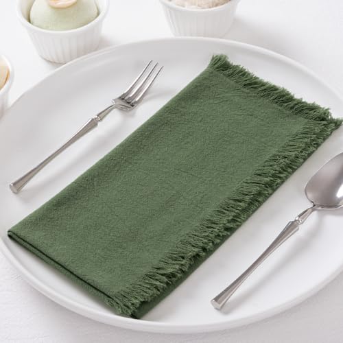 DeZerlor 12 Stück olivgrüne Baumwoll-Leinen-Servietten mit Fransen, grüne Stoffservietten, Set mit 12 Stück, Boho, handgefertigte Abendessen-Tischservietten für Hochzeit, Brautparty, Babyparty von DeZerlor