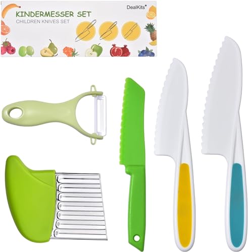 Kindermesser 5-teiliges Kinder Sicherheit Küchenmesser Set zum Schneiden Kochen von Obst oder Gemüse inklusive Kochmesser Obstmesser Schäler Geschenke für Kleinkinder Geburtstag Weinachten Kindermesser 5-teiliges Kinder Sicherheit Küchenmesser Set zum Schneiden Kochen von Obst oder Gemüse inklusive Kochmesser Obstmesser Schäler Geschenke für Kleinkinder Geburtstag Weinachten von DealKits