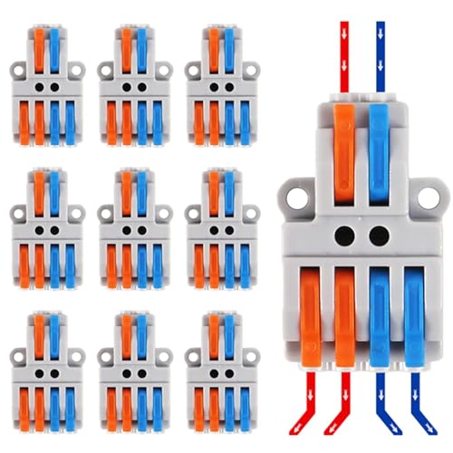 Dealikee 10 Stück Verbindungsklemme, 2 in 4 raus Kabelverbinder, Drahtverbinder Steckklemme mit Hebel für 0.5mm²-4mm², Elektro Lüsterklemmen mit Hebel für Anschlussblöcke Elektrische von Dealikee