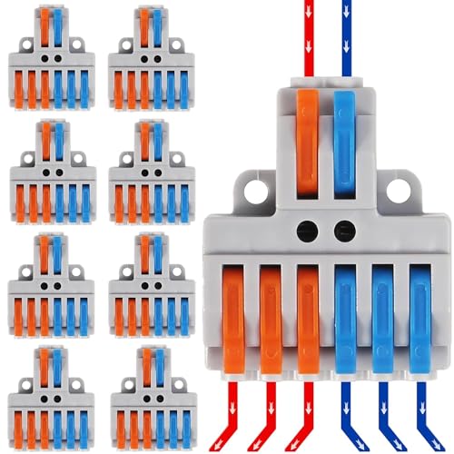 Dealikee 10 Stück Verbindungsklemme, 2 in 6 raus Kabelverbinder, Drahtverbinder Steckklemme mit Hebel für 0.5mm²-4mm², Elektro Lüsterklemmen mit Hebel für Anschlussblöcke Elektrische von Dealikee