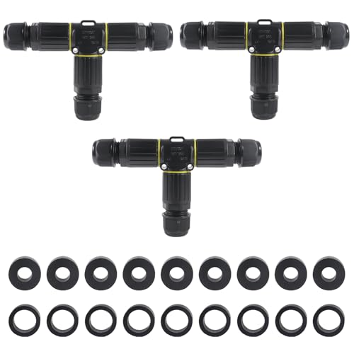 Dealikee IP68 Waterproof Junction Box, T Shape 3-Polig Verteilerdose Außen Erdkabel Abzweigdose Garten Kabelmuffe Verbindungsmuffe Verbindungsbox für Ø 5-9mm / 9-12mm Kabeldurchmesser von Dealikee