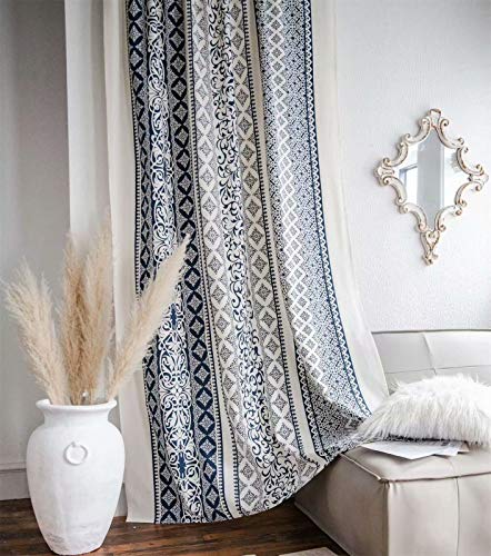 DEAMOS Boho Gardinen Landhausstil Baumwolle Leinen Vorhänge, Creme Weiß und Blau Blumen Muster Wohnzimmer Schlafzimmer Gardine,1 Stück,B150×H220cm von DEAMOS