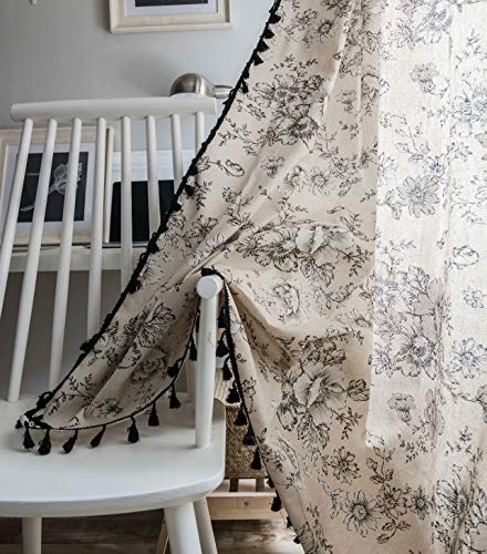 DEAMOS Boho Vorhänge Landhausstil Baumwolle Leinen Quaste Gardinen, Beige und Schwarz Blumen Muster Küche Wohnzimmer Schlafzimmer Gardine,1 Stück,B150×H260cm von DEAMOS