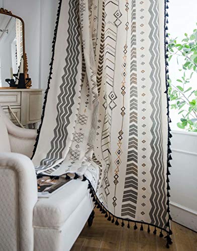 DEAMOS Boho Vorhänge Landhausstil Baumwolle Leinen Quaste Gardinen, Weiß und Schwarz Geometrischen Küche Wohnzimmer Schlafzimmer Gardine,1 Stück,B150×H220cm von DEAMOS