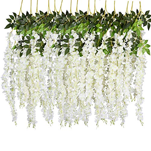 DearHouse Künstliche Glyzinien-Ranken, Ratta, hängende Girlande, Seidenblumen, Schnur, für Zuhause, Party, Hochzeit, Dekoration (6 Stück, große weiße Glyzinie) von DearHouse