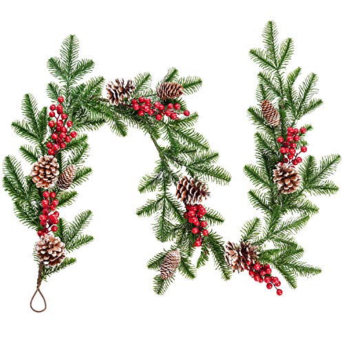 DearHouse Künstliche Weihnachtsgirlande Wimpelkette mit rotem Beerenzweig, Tannenzapfen, Wintergirlande für Ferienzeit, Kaminsims, Kamin oder Tischläufer, 1,5 m von DearHouse