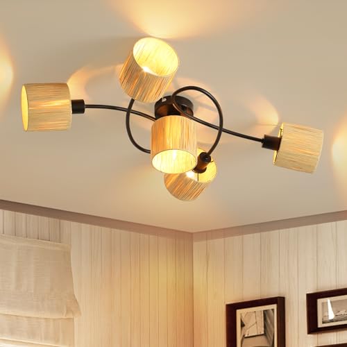 Deboola Deckenlampe 5 Flammig Deckenleuchte Boho - Wohnzimmer Natur Wohnzimmerlampe Vintage Schlafzimmerlampe Umgeben Design E14 Deckenbeleuchtung für Schlafzimmer Esszimmer Küche(Ohne Leuchtmittel) von Deboola