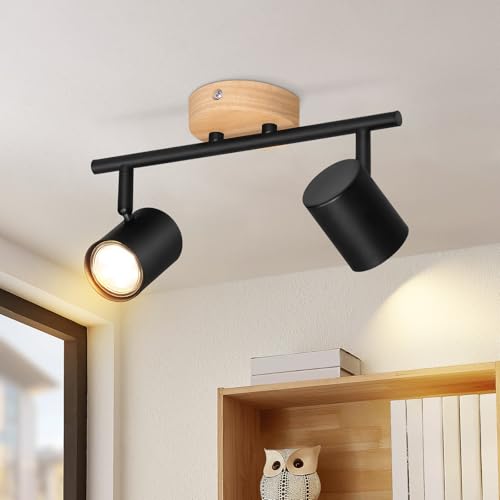 Deboola Deckenstrahler 2 Flammig Deckenlampe Vintage - Schwarz Strahler Holz Deckenleuchte Schwenkbar GU10 Metall Spotleuchte Wohnzimmer Flur Schlafzimmer Küche-Ohne Leuchtmittel von Deboola