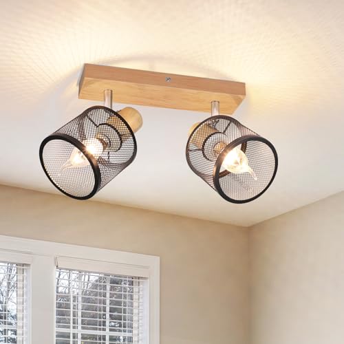 Deboola Deckenstrahler 2 Flammig Deckenleuchte Holz - Deckenlampe E14 Strahler Schwarz Wandstrahler Schwenkbar Küchenlampe Vintage Deckenspot LED Wohnzimmer Schlafzimmer Flur Küche Ohne Leuchtmittel von Deboola