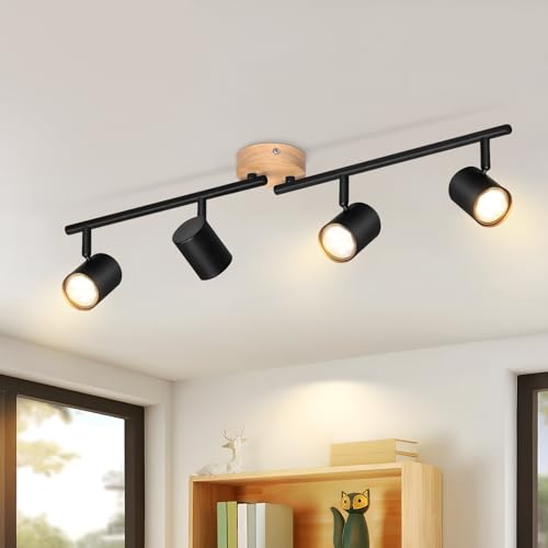 Deboola Deckenstrahler 4 Flammig Deckenlampe Wohnzimmer - Schwarz Holz 71CM Deckenspot GU10 Deckenleuchte Strahler Küchenlampe 350° Schwenkbar groß Spot für Küche Schlafzimmer Büro -Ohne Leuchtmittel von Deboola