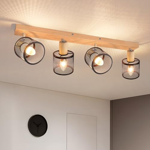 Deboola Deckenstrahler 4 Flammig Deckenleuchte Holz - Deckenlampe Vintage Wohnzimmer Schwarz Strahler E14 Schwenkbar Deckenspot Schlafzimmer Flur-Ohne Leuchtmittel von Deboola