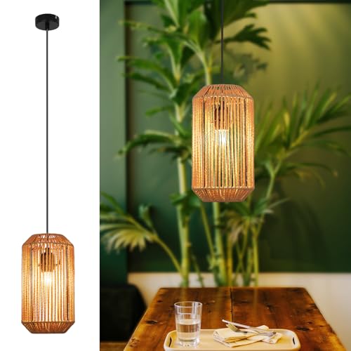 Deboola Hängelampe Vintage Hängeleuchte Esstisch - Φ16 Boho Pendelleuchte Retro 1flammig Esszimmerlampe Rattan Design mit E27 Fassung für Esszimmer Schlafzimmer Wohnzimmer Flur Küche/Ohne Leuchtmittel von Deboola