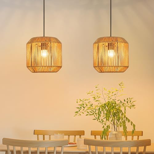 Deboola Hängelampe Boho Hängeleuchte Rattan Hanfseil - 2ER Pendelleuchte Vintage Esstisch Pendellampe Laterne Design Esstischlampe E27 für Esszimmer Schlafzimmer Wohnzimmer(Ohne Leuchtmittel) von Deboola