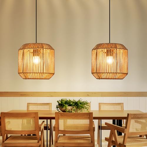 Deboola Hängelampe Boho Hängeleuchte Rattan Hanfseil - 2ER Pendelleuchte Vintage Esstisch Pendellampe Laterne Design Ø21cm Boho Lampe Hängend E27 für Esszimmer Wohnzimmer(Ohne Leuchtmittel) von Deboola