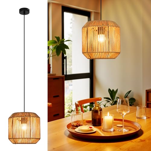 Deboola Hängelampe Vintage Hängeleuchte Esstisch - Φ21 Boho Pendelleuchte Rattan 1 flammig Esstischlampe Retro Design mit E27 Fassung für Esszimmer Schlafzimmer Wohnzimmer Flur Küche/Ohne Leuchtmittel von Deboola