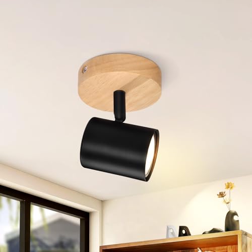 Deboola LED Deckenstrahler 1 Flammig Deckenlampe - Schwarz Deckenleuchte GU10 Strahler Schwenkbar Wandstrahler Holz Spotleuchte Wand für Wohnzimmer Schlafzimmer Flur Küche MAX.40W Ohne Leuchtmittel von Deboola