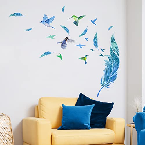 Wandtattoo Blaue Federn Wandaufkleber Kolibri für Wohnzimmer Schlafzimmer Esszimmer Dekor von Decalsweet