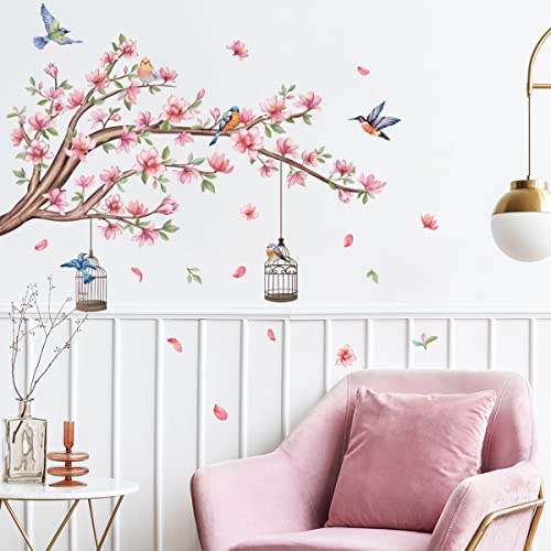 Wandtattoo Blossom Baum Wandaufkleber Blütenblätter Rosa Vogel Wandsticker für Wohnzimmer Esszimmer TV Hintergrund Wanddeko von Decalsweet