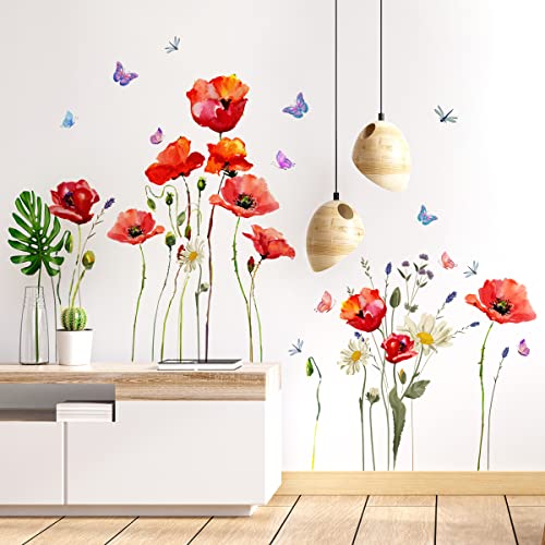 Wandtattoo Mohnblume Blume Rote Wandaufkleber Garten Blumen Schmetterling Wandsticker für Schlafzimmer Wohnzimmer Wanddeko von Decalsweet