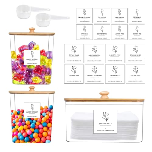 3 PCS Waschmittel Aufbewahrung mit Versiegeltem Bambusdeckel, Grosse Kapazität Waschmittelbox Wasserfestem Etikett, Waschpulver Dosierer aus Kunststoff, für Duftverstärker,Waschboxen,Badebomben von Dechoga