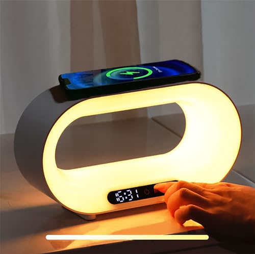 Dechoga Sonnenaufgang Wecker, AtmosphäRenlampe Mit Kabellosem LadegeräT, Intelligent LED Tischlampe, Nachttischlampe Touch Dimmbar, Einen Bluetooth Lautsprecher/Ladegerät/Wecker/Uhr von Dechoga