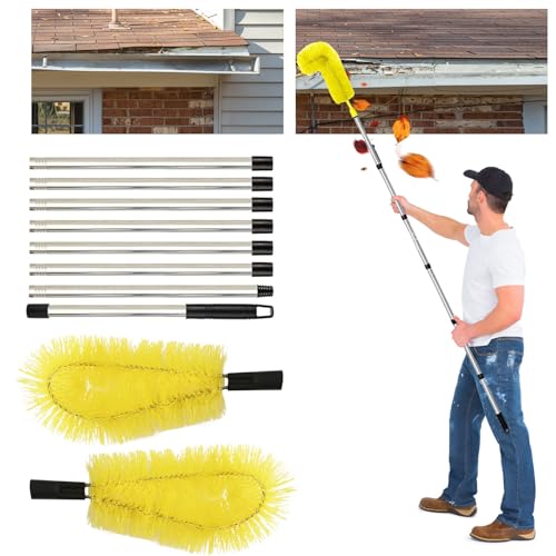 Dachrinnenreiniger,Dachrinnenbürste mit 8Pcs Teleskopstiel 310CM,Teleskop Tachrinnenreiniger Leicht zu Zerlegen,für Reinigen von Blättern/Schmutz/Fenstern/Dachrinnen/Kronleuchtern,Gelb von Dechoga