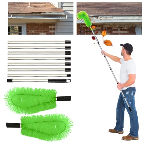 Dachrinnenreiniger,Dachrinnenbürste mit 8Pcs Teleskopstiel 310CM,Teleskop Tachrinnenreiniger Leicht zu Zerlegen,für Reinigen von Blättern/Schmutz/Fenstern/Dachrinnen/Kronleuchtern,Grün von Dechoga