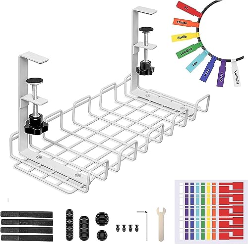 Dechoga Kabelmanagement Ablage, Weiß Stabiler Tisch Kabelhalter, Metalldraht Untertisch Draht Organizer unter dem Schreibtisch Tablett Kabelkorb Klemmbar Kabelordnung Kabelwanne für Büro Home Office von Dechoga