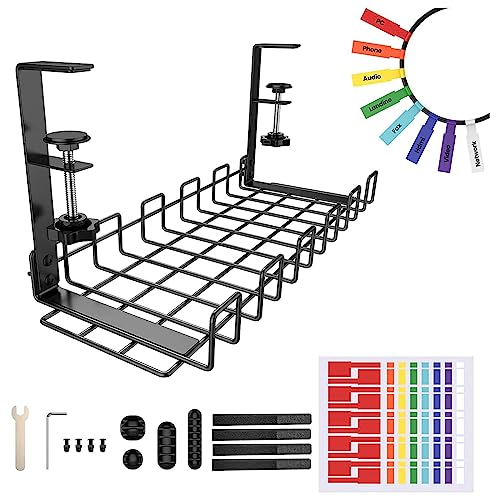 Dechoga Kabelmanagement unter dem Schreibtisch, Schwarz Unterschreibtisch Kabel Organizer, Ablage ohne Bohren Metalldraht Kabelhalter Ablage unter dem Kabelkorb Klemmbar für Schreibtische und Büros von Dechoga