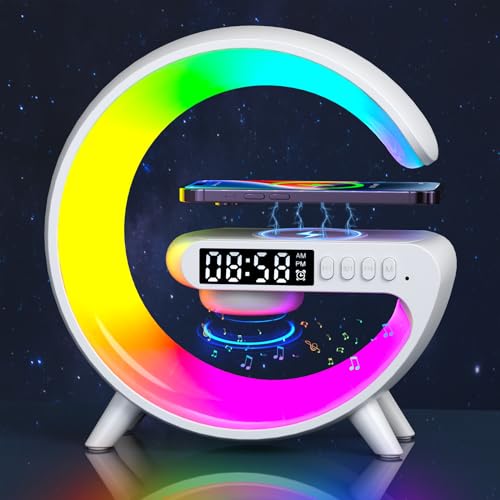 Dechoga Nachtlicht Lampe mit Wireless Charger, Bluetooth Lautsprecher mit Wecker, G Förmige Kabellosem Ladegerät AtmosphäRenlampe Über USB-C-Verbindung, Dimmbare LED Tischlampe Alarm Clock(Weiß) von Dechoga