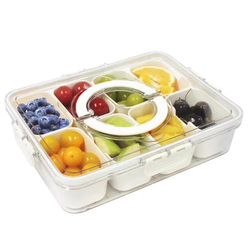 Geteiltes Serviertablett mit Deckel und Griff,Snackbox mit Fächern,Obst Serviertablett,Dipschalen für Vorspeisen,Kompakte Servierplatte für Salate, Knabbereien, Snacks, Süßigkeiten von Dechoga