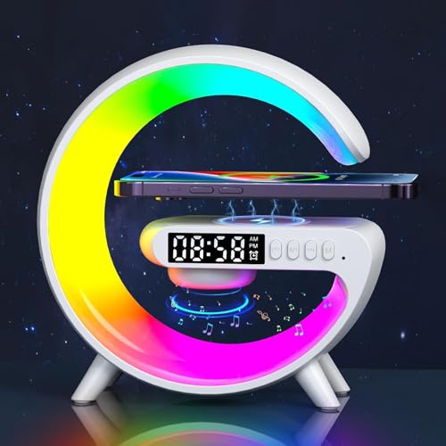Dechoga Nachtlicht Lampe mit Wireless Charger, Wecker mit Bluetooth Lautsprecher, Dimmbare LED Tischlampe Alarm Clock, G Förmige Kabellosem Ladegerät AtmosphäRenlampe Über USB-C-Verbindung (Weiß) von Dechoga