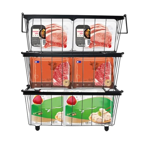 Dechoga Gefrierschrank Organizer Behälter, 3 Stück Stapelbar, Gefriertruhe Korb mit Griff und Rutschfestem Boden, Metallkorb für Gefrierschränke von 5-7 Kubikfuß, (37,2 x 18,8 x 14 cm), Silber von Dechoga
